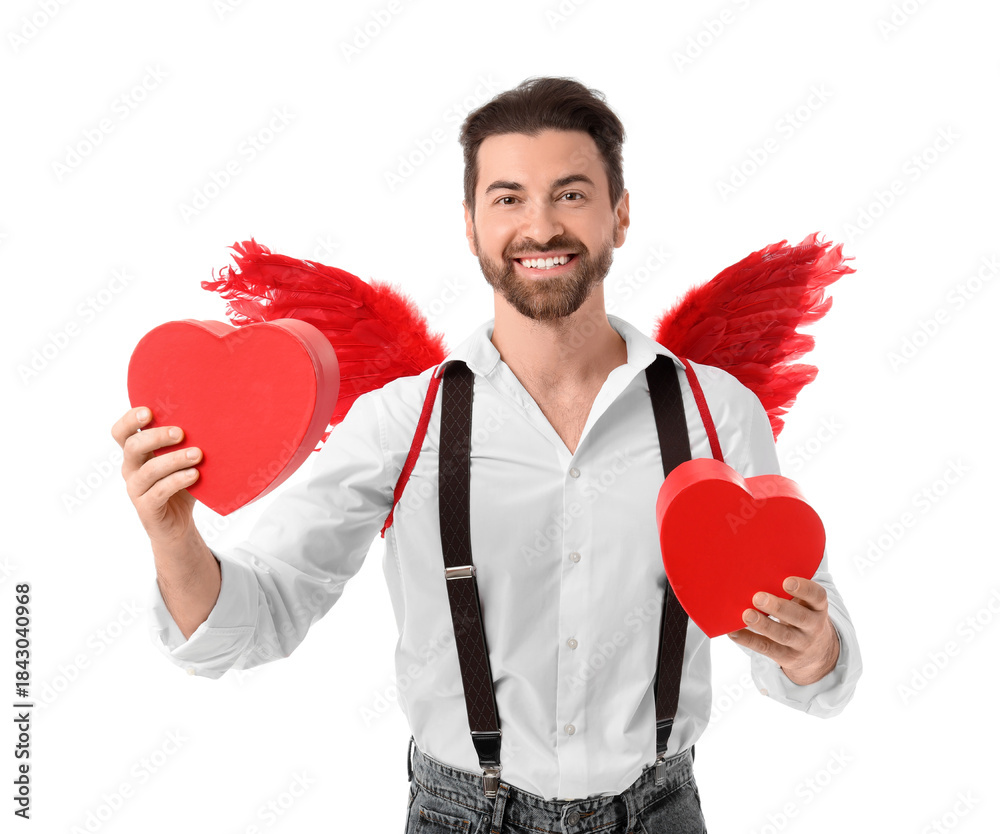 Obraz premium Man dressed as Cupid with hearts on white background. Valentine's Day celebration