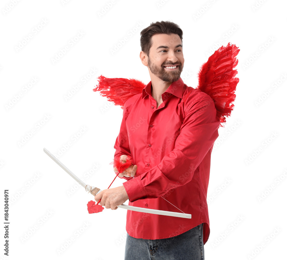 Obraz premium Man dressed as Cupid with bow and arrow on white background. Valentine's Day celebration