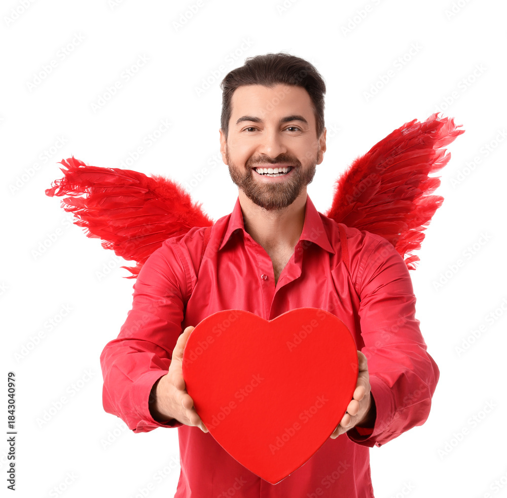 Obraz premium Man dressed as Cupid with heart on white background. Valentine's Day celebration