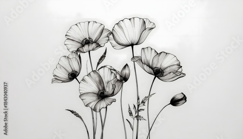 Illustration of black and white illustration of poppy flowers on white background