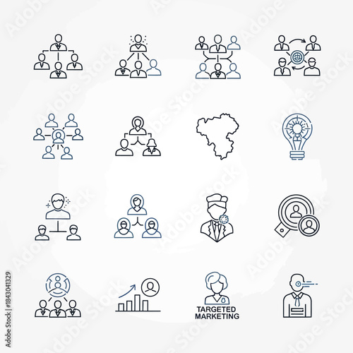Organizational structure icons representing hierarchy, team management, and business processes