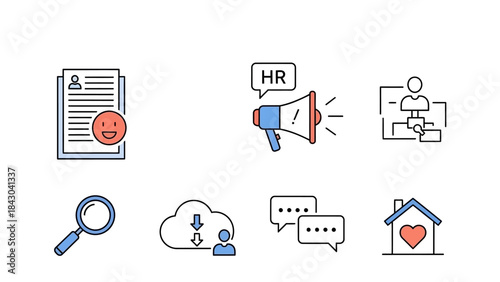 Collection of Icons Representing Human Resources, Job Search, and Company Structure Concepts on a White Background