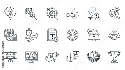 Business icons representing strategy, planning, execution, and success in a modern outline style