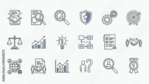 Comprehensive Business Strategy and Management Icons Set for Data Analysis, Growth Planning, and Success Achievement – Modern Vector Collection for Corporate Presentations and Financial Reports