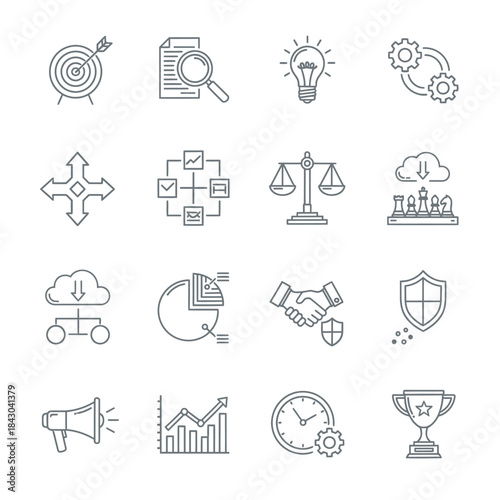 Collection of flat line icons representing business concepts and analytics with professional tools and symbols for digital use