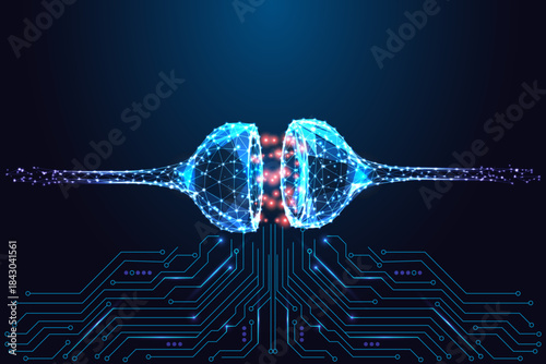 Neural synapse with glowing signal above circuitry, AI neuroscience technology vector illustration