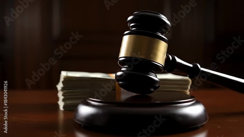 Courtroom scene with a judge's gavel and a stack of money symbolizing justice, bail, or corruption.
