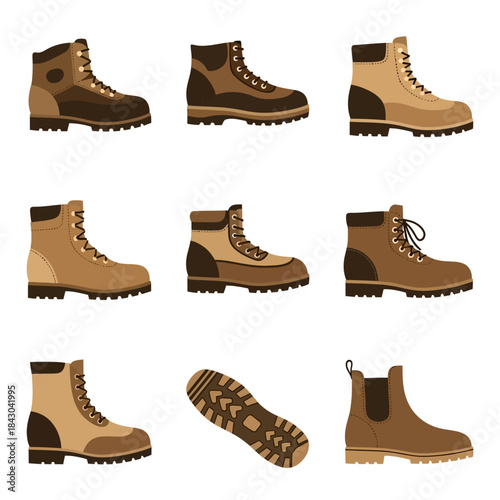 Work and Hiking Boots Detailed Icon Set