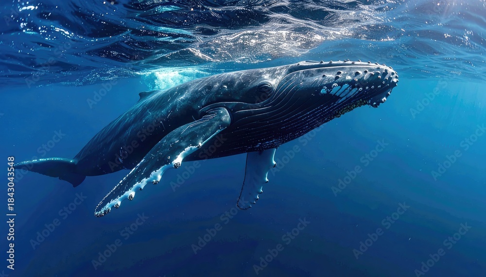 Fototapeta premium Majestic Humpback Whale Underwater: A Stunning Ocean Portrait of Marine Life and Natural Beauty in Deep Blue Waters