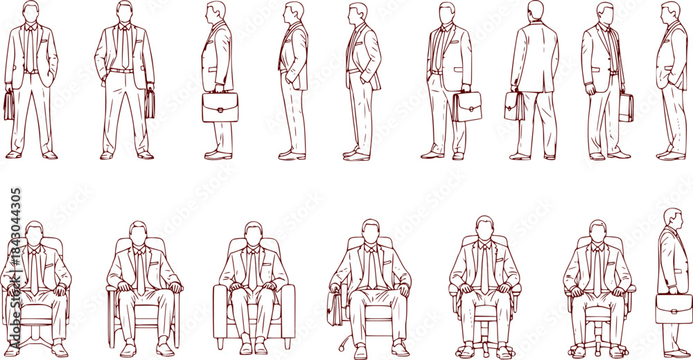 Fototapeta premium Top view cad drawing set for architectural projects, executive men standing and sitting, editable line vector 