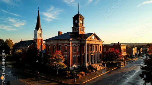 Aerial view of a charming small town America with a historic courthouse and church surrounded by vibrant autumn colors at sunrise.