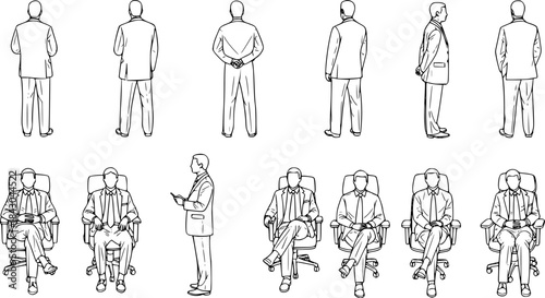 Top view cad drawing set for architectural projects, executive men standing and sitting, editable line vector
