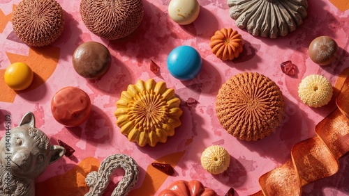 Colorful assorted candies and chocolates arranged on a pink surface with shadows. Confectionery and sweets, decorative and treat. The concept of sweets and candies.