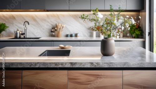 Wallpaper Mural a modern kitchen island with a stone countertop and a vase of flowers on top Torontodigital.ca