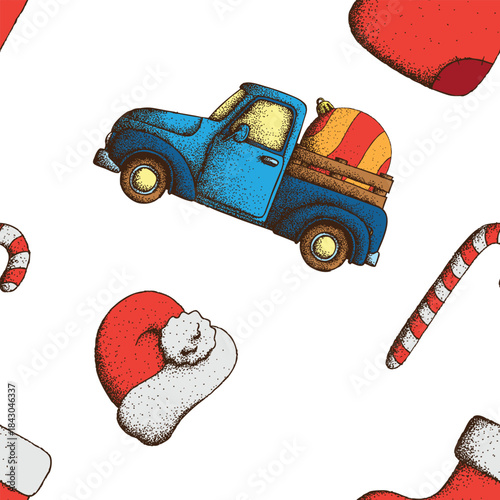 Hand drawn dot work vector illustration. Seamless pattern. Old vintage pick up truck and Christmas symbols: red Santa Claus hat, Christmas Ball, bauble, candy cane on white. Concept of gift, transport