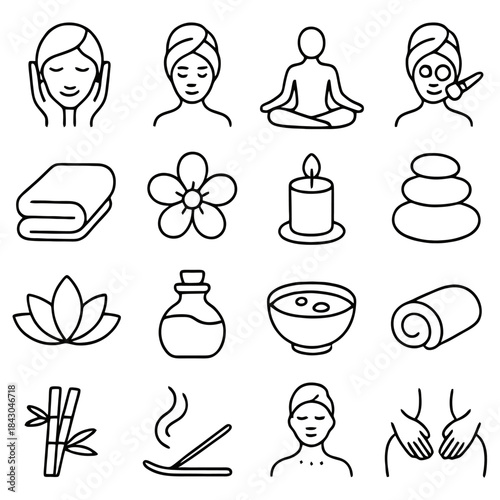 Spa Wellness Icons: A set of clean, minimalist icons represent spa and wellness concepts, from meditation and skincare to essential oils and massage.