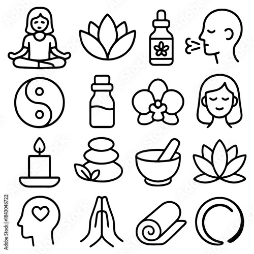 Mindfulness Icons: An array of detailed line art icons, each representing elements and practices associated with mindfulness, creating a harmonious and aesthetically pleasing composition.