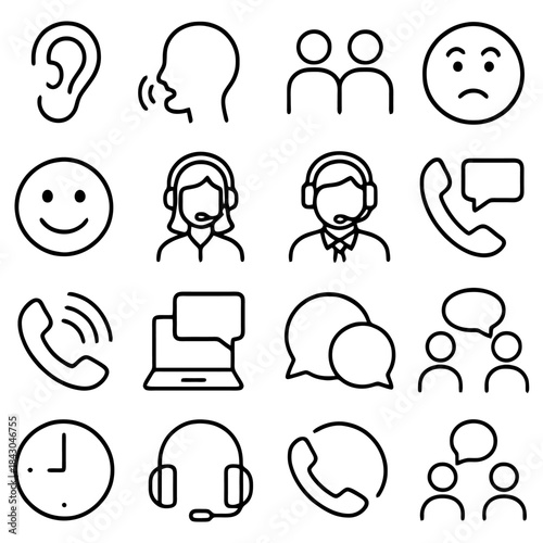 Communication Icon Set: An assortment of modern, minimalist icons depicting various facets of communication, from face-to-face dialogue to virtual interactions.