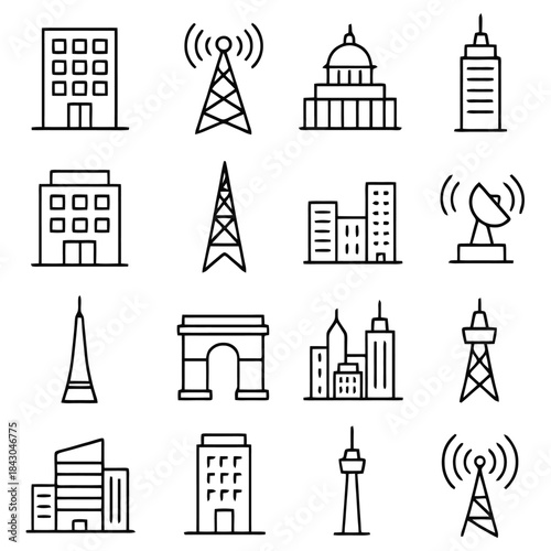 City Icons: A clean collection of iconic illustrations showcases a city's diverse architecture, and technology. Including buildings, antennas, arches, and towers.