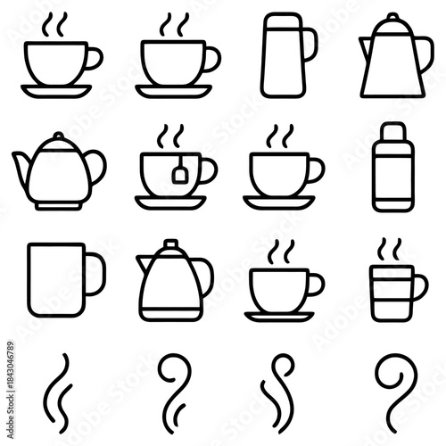 Array of Cups and Teapots: A meticulously crafted collection of various cups, mugs, and teapots, each emitting delicate wisps of steam. This image encapsulates the essence of warmth, comfort.