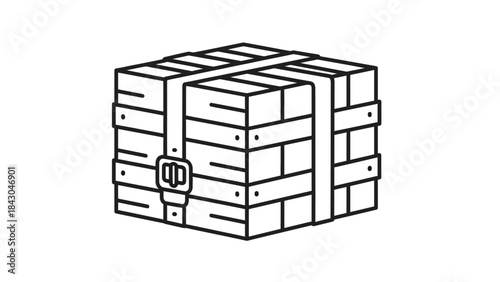 A detailed black and white line art illustration of a wooden crate or chest, secured with straps and a buckle, perfect for design projects
