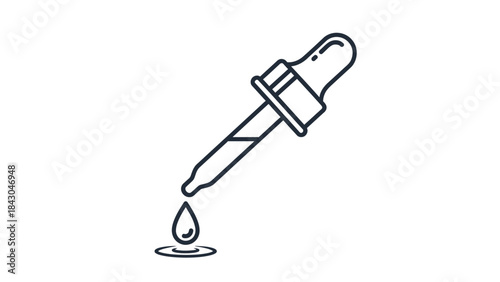 Minimalist line art vector icon of a precision dropper with a single drop of liquid. Ideal for symbolizing scientific experiments, medical applications, or skincare solutions