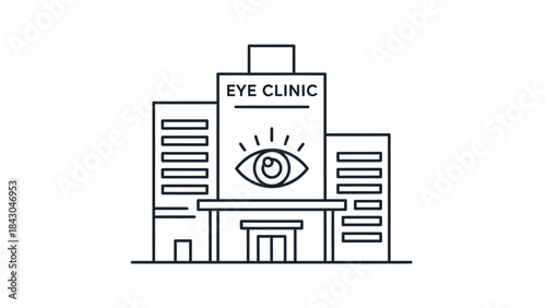 Vector line art icon of an eye clinic building, symbolizing specialized ophthalmology, comprehensive vision healthcare, and professional optical services