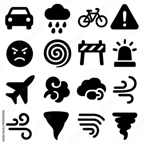 Weather Icons: A collection of distinct and essential weather and transportation icons, a simple visual guide, each icon conveys a specific condition and element. 
