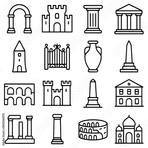Architectural Collection: A detailed illustration showcasing a variety of iconic architectural elements, including arches, columns, fortresses, and more.