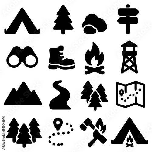 Camping and Adventure Icons: A collection of meticulously crafted camping and adventure icons, perfect for illustrating outdoor activities and exploration.
