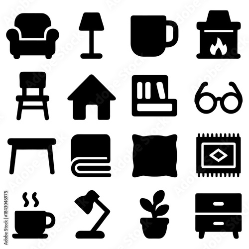 Home Interior Icons: A collection of simple, yet elegant icons that represent home living, including chair, house, books, reading glasses, lamp, pillows, fireplace and more.