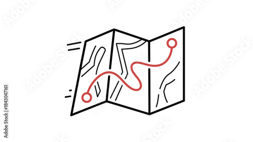 Navigational Route: A minimalist representation of a folded map, marked with a bold red line, suggesting a journey's path. Representing exploration and the excitement of a new travel venture.