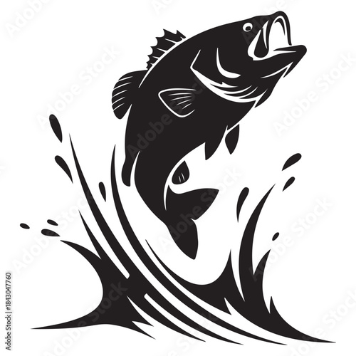 Illustration of a bass fish jumping out of splashing water, great for fishing themes