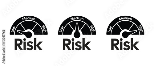 Risk Level Indicator Icon Set – Low Medium High Gauge Trio – High Quality Vectorial Stock Image
