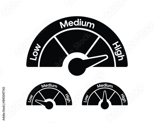 Risk Gauge Trio Icon Set – Low Medium High Semicircle Indicators – High Quality Vectorial Stock Image