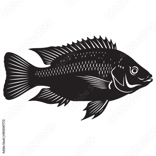 Black silhouette of a fish with detailed scales and fins on a white background