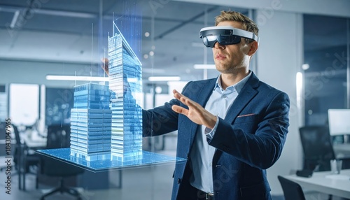 Architect visualizing AR blueprint overlay in modern office