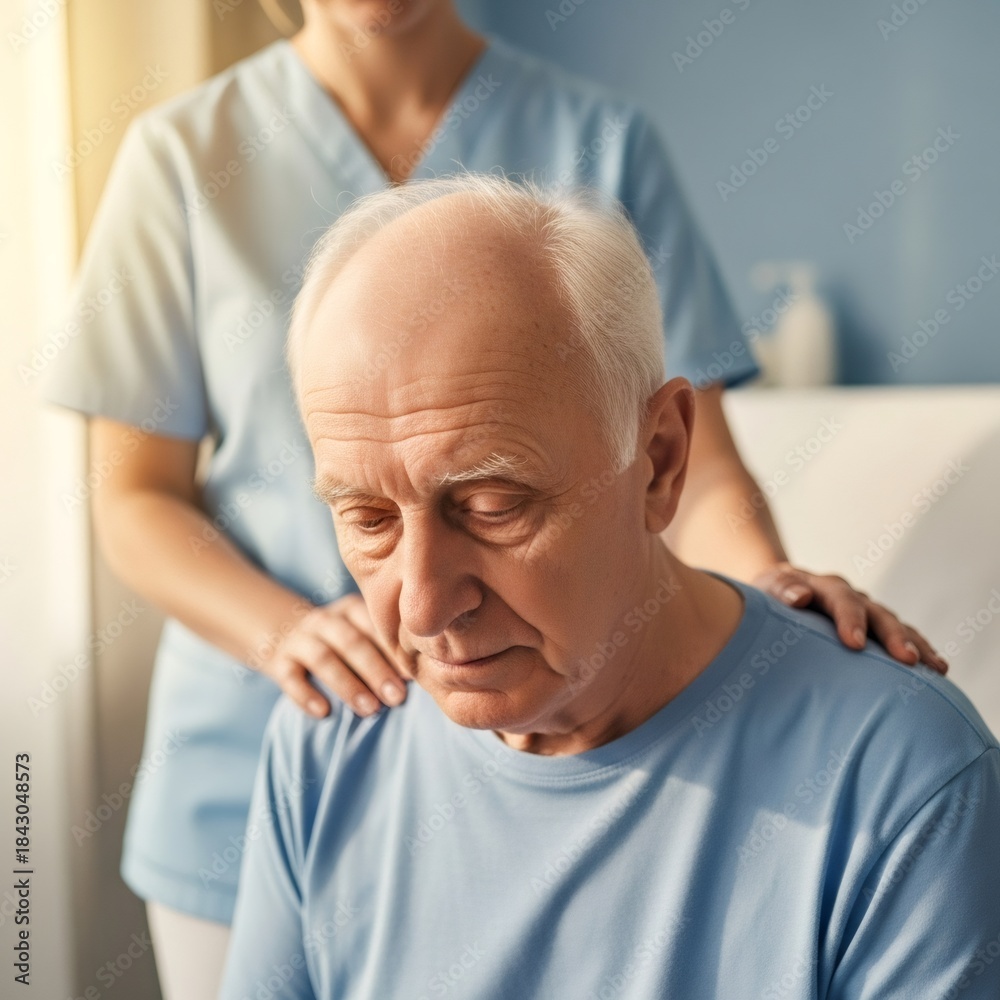 Fototapeta premium Nurse touching shoulder of senior man. Caregiver supporting elderly patient. Compassionate medical assistance concept for elderly health and recovery.