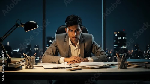 Overworked young Indian businessman feeling stressed and tired while working late in a modern office with a city view.