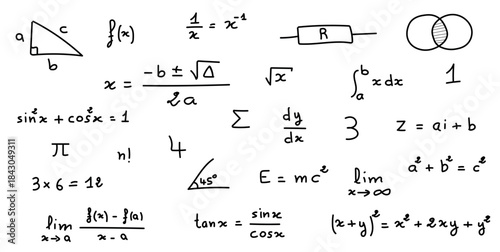 Mathematics and Physics Symbols and Formulas Background.