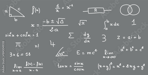 Mathematics and Physics Symbols and Formulas Background.