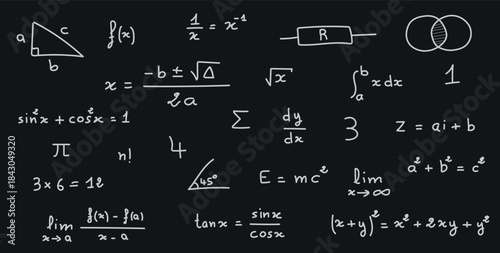 Mathematics and Physics Symbols and Formulas Background.