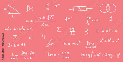 Mathematics and Physics Symbols and Formulas Background.