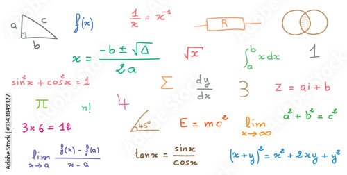 Mathematics and Physics Symbols and Formulas Background.