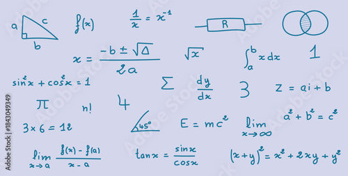 Mathematics and Physics Symbols and Formulas Background.