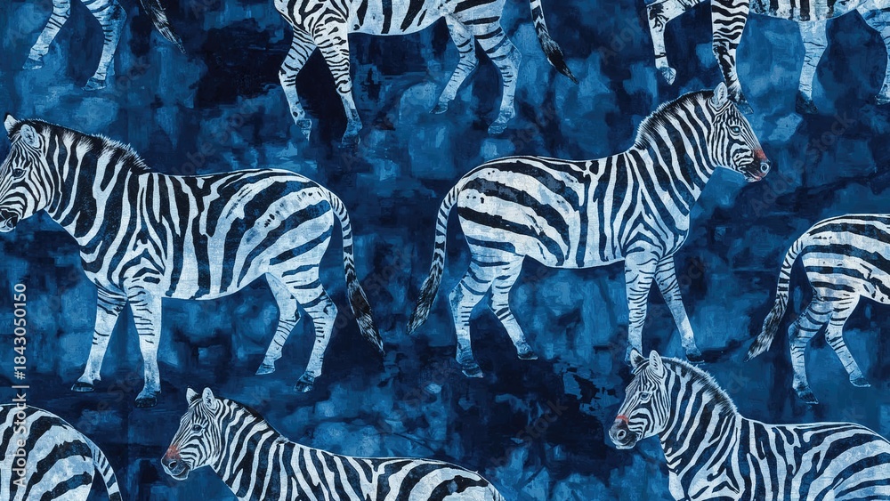 Naklejka premium A group of zebras in a blue-toned environment with striped patterns and a dark background.