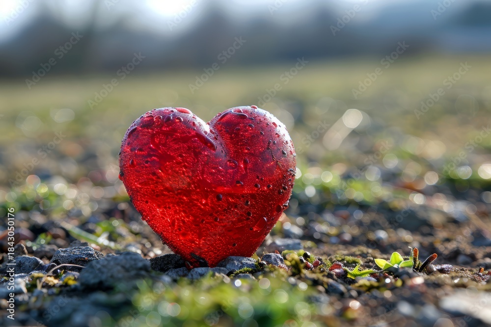 Fototapeta premium Fragile red glass heart resting on the spring earth surrounded by nature s renewal