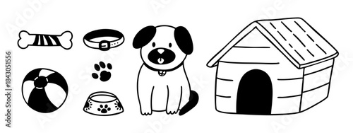 Hand drawn dog accessories set in doodle outline style. Vector collection of puppy illustrations.