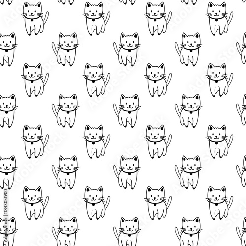 Seamless pattern with hand-drawn white standing cats. Cute pet kitten vector background. 