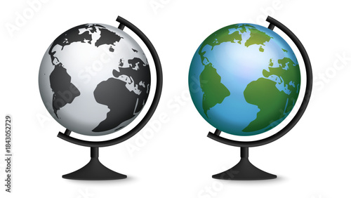 Realistic 3D Earth Globe Vector – Detailed World Map and Blank School Globe Icon, Educational Geography Sphere, Classroom Model, Global Education Mockup Isolated, Front View